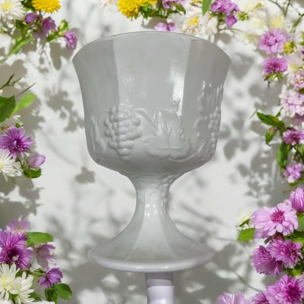 Vintage Indiana Glass White Milk Glass Harvest Grape Goblet Pedestal Bowl